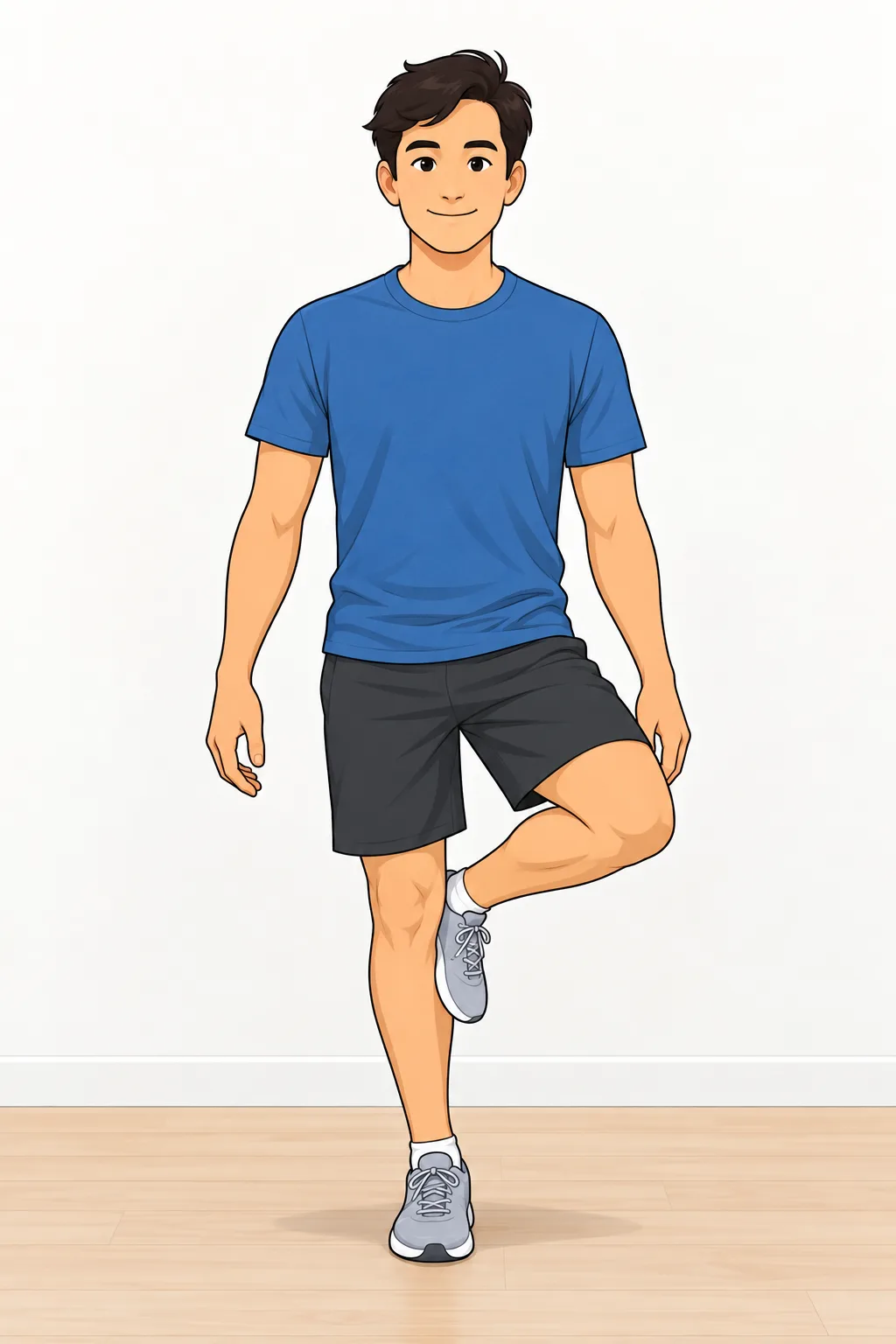 A person standing on one leg, eyes open and looking straight ahead. The
         other knee is bent so the raised foot sits behind the standing leg at calf
         height, without hooking around it. Both arms hang relaxed at the sides.